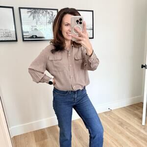 Vintage 90s Y2K Silk Blouse Women’s Size Medium Taupe Paisley Long Sleeve Top